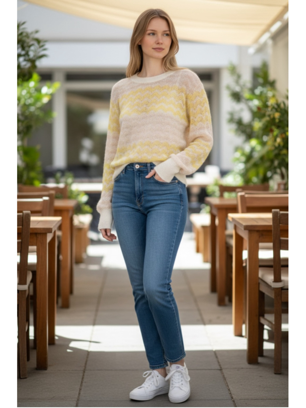 Anthropologie FRNCH Crew Neck Sweater Size M Yellow Pink Chevron Knit TV